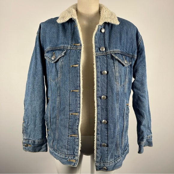 ARITIZIA WILFRED FREE WASHED DENIM SHERPA LINED OVER-SIZED JEAN JACKET SZ XXS - Picture 1 of 12